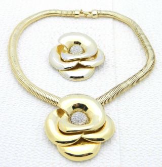 Vtg Crown Trifari Gold Tone Clear Rhinestone Rose Flower Pin Brooch Necklace Set
