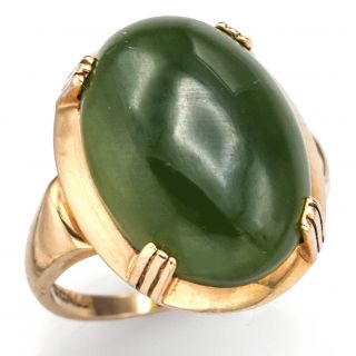Vintage Scallf 14k Yellow Gold 10.  25 Ct Green Jade Oval Cocktail Ring 6.  7 Grams