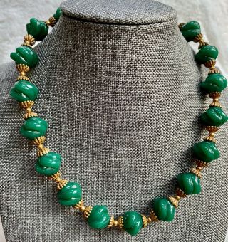 Vintage Rare Miriam Haskell Gold Tone Jade Green Glass Necklace Unsigned 17 " A03
