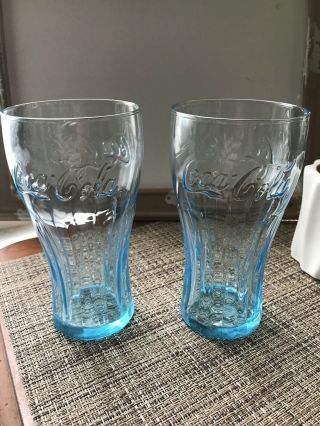 Set Of 2 Mcdonalds Coca Cola Coke Glasses 17oz 6” Teal Light Blue Glass
