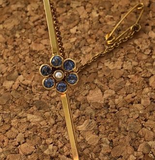 15ct Yellow Gold Antique Sapphire & Pearl Bar Brooch Edwardian /1920 