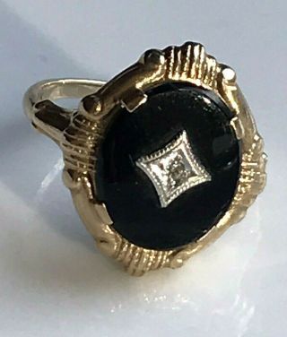 Antique 19th C 10k Gold Old Mine Diamond Chip Filigree Onyx Mourning Ring 5.  25