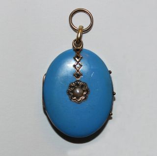 Antique Victorian Blue Enamel Locket - 14k Gold / Turquoise Blue (5f53)