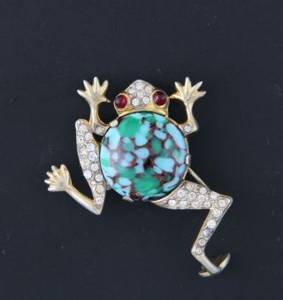 Rare Mazer Sterling Silver Frog Brooch - Rhinestones & Art Glass Jelly Belly 2