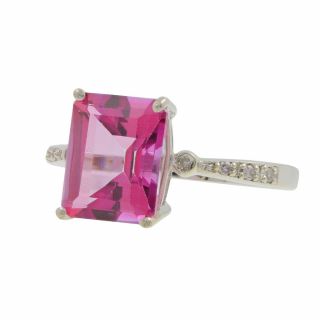 Ladies Estate 14k White Gold Emerald - Cut Pink Topaz & Round - Cut Diamond Ring