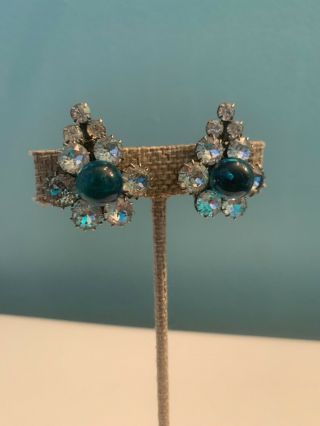 Vintage Christian Dior Kramer Of Ny Blue Clear Rhinestone Clip On Earrings Oo44