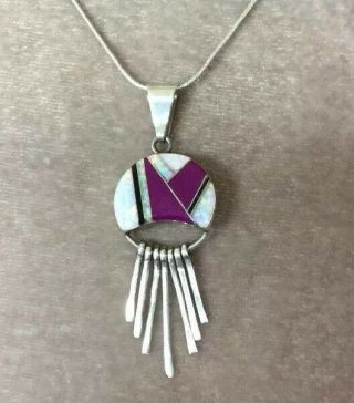 Vintage Jewellery Stunning Sterling Silver Navajo Opal Inlay Pendant & Chain