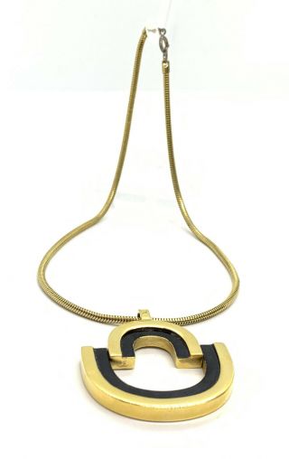 Vtg Lanvin Paris 20” Black Enamel Gold Tone Necklace