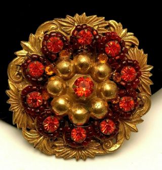 Rare Vintage 2” Signed Miriam Haskell Goldtone Red Rhinestone Brooch Pin A8