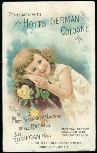 Hoyts German Cologne Victorian Trade Card Cute Girl Flowers 1891 Calendar
