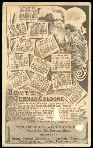 Hoyts German Cologne Victorian Trade Card Cute Girl Flowers 1891 Calendar 2