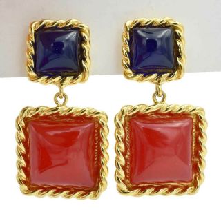 Escada Margaretha Ley Large Red & Royal Blue Gold Square Clip - On Drop Earrings