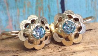 Antique Italian Made 14k Solid Gold Lever - Back Earrings With Blue Stones (e29)