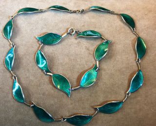 David Andersen Sterling Emerald Green Guilloche Enamel Leaf Necklace Bracelet