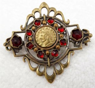 Antique Victorian Rose Cut Garnet Glass Etruscan Revival Medallion Brooch