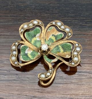 14k Yellow Gold Diamond Antique Enamel Lucky Four Leaf Clover Brooch Pendant