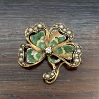 14k Yellow Gold Diamond Antique Enamel Lucky Four Leaf Clover Brooch Pendant 3