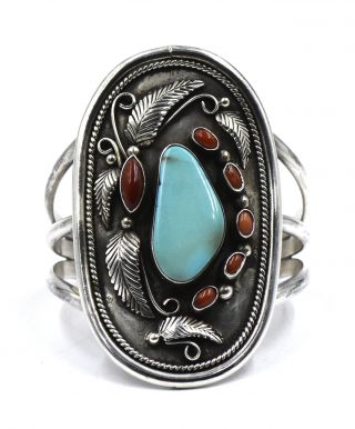 Southwestern Turquoise Coral Cuff Bracelet Leaf Sterling Silver Mary Velasquez
