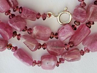 Vintage 25 " Pink Tourmaline Rubellite Nugget Disc Bead Necklace - Sterling Silver
