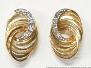 Vintage 14k Yellow Gold Diamond Earrings Interlocking Circle Designer Swirls