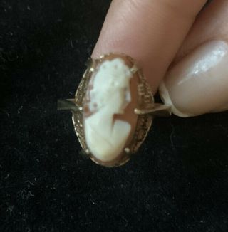 Estate 14kt Yellow Gold 3d Handcrafted Lady Cameo Shell Oval Ring Nr Not Scrap