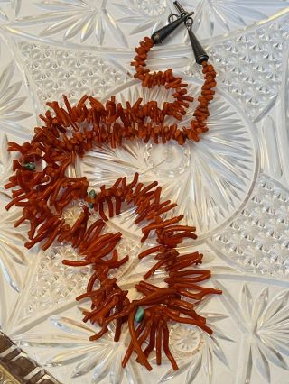 Vtg Navajo Old Pawn Red Branch Coral Natural Necklace Turquoise Sterling Silver