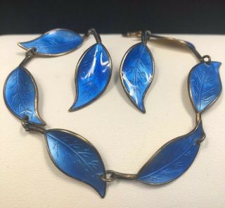 David Andersen Sterling Silver Blue Leaf Enamel Bracelet Norway W/ Clip Earring