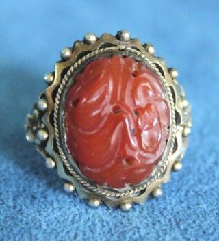 Antique Signed Chinese Export Hallmarks Orange Jade Sterling Silver Ring Size 7