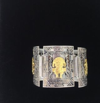 Vintage Peruvian 925 Silver 18k Gold Panel Bracelet.  8” Long W 1 3/4 W