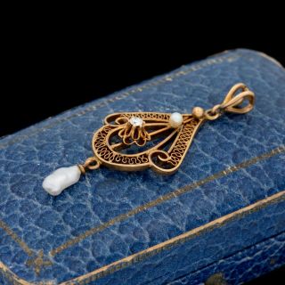 Antique Vintage Nouveau 14k Gold Diamond Seed Pearl Lavaliere Necklace Pendant