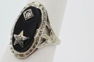 Art Deco 18k Solid White Gold Diamond Onyx Order Of Eastern Star Filigree Ring
