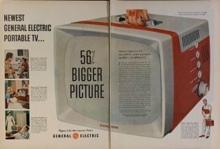Vintage 1956 Ge Portable Tv So Light And Bright 2 Pg Print Ad Advertisement