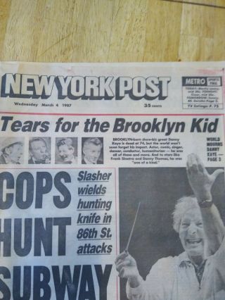 Ny Post " Tears For The Brooklyn Kid " Danny Kaye Dies.  1987