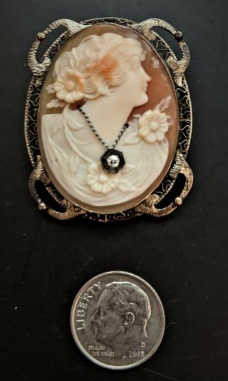 Vintage 14k Gold Hand Carved Shell Cameo Habille Diamond Pin / Brooch