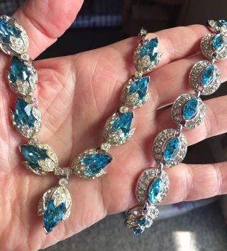 Vintage Bogoff Signed Aqua Blue Rhinestone Crystal Necklace & Bracelet Set