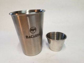 Stainless Steel Bacardi Rum Shaker 12oz Cup With Bat Logo,  And 1oz Jigger