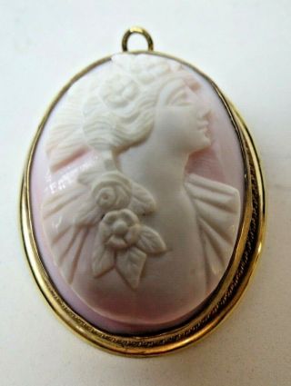 Antique Quality Victorian Carved Pink Conch Shell Cameo Pendant High Relief Gold