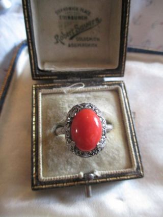 Antique Art Deco Silver Red Coral & Marcasite Dress Ring.  1930s Vintage