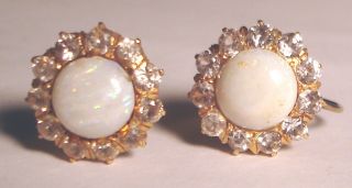 Victorian Antique 9ct Gold Screw Back Opal 1.  3 Ct Moissanite Earrings