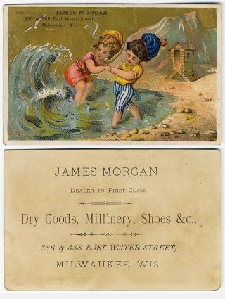 Milwaukee Wi Dry Goods Store East Water St Victorian Trade Card Children Beach