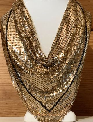 Gold And Black Whiting & Davis Necklace.  Handkerchief,  Bib.  Mesh,  Chainmail