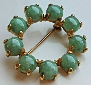 Vintage 14k Yellow Gold Light Green Jadeite Jade Cabs Circular Brooch / Pin 6g