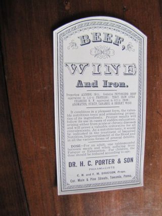 Vintage Beef Wine And Iron Label Dr.  H.  C.  Porter & Son Pharmacists Towanda,  Pa.