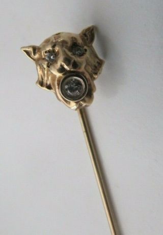 Vintage Solid 14k Yellow Gold And 3 Mine Cut Diamonds Tiger Stick Pin 2.  3 Grams