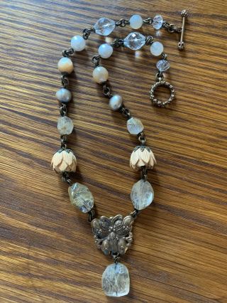 Stephen Dweck Rutilated Quartz,  Pearl,  Agate,  Wood,  Bronze Necklace