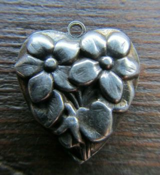 Rare Walter Lampl Sterling Silver Repousse Puffy Heart Charm Double Side Violets