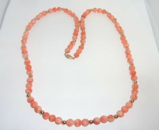 Carved Angel Skin Coral Beaded Necklace 14k Gold Clasp & Spacer Beads