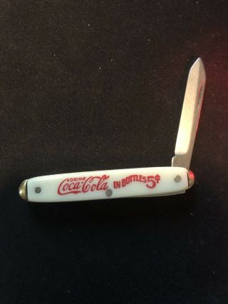 Vintage " Drink Coca Cola In Bottles 5 Cent " Single Blade White Pocket Knife