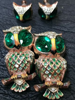 Coro Craft Gold Over Sterling " Hoots " Duette Clip Crystal Brooch/pin,  Earriings