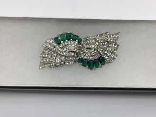 Fabulous Art Deco Ktf Trifari Rhinestone & Emerald Dress Clips